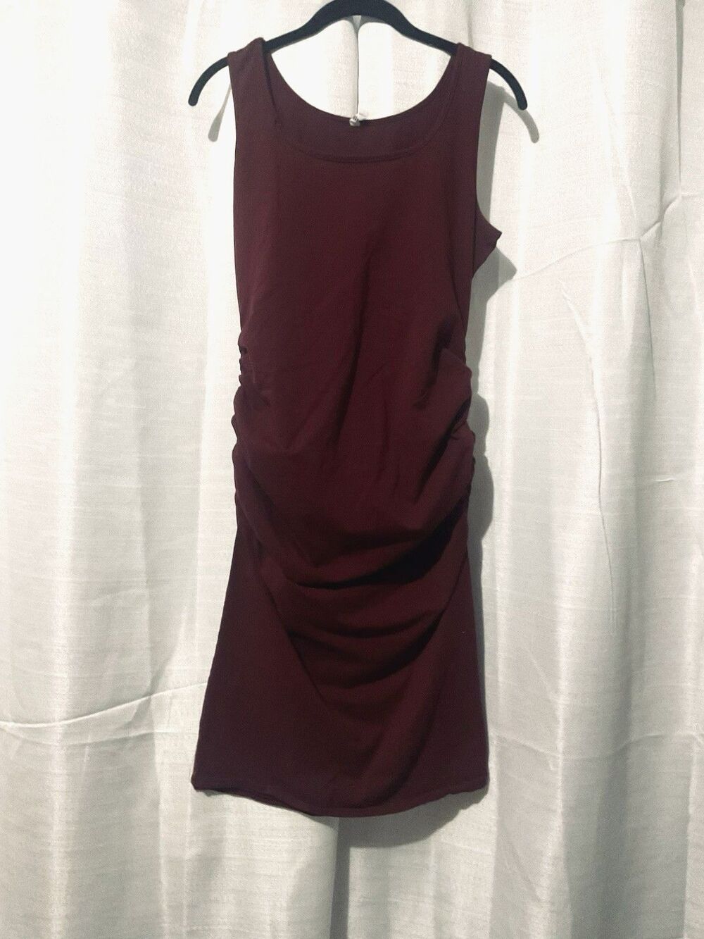 MISSUFE CHESTNUT BURGANDY BODYCON DRESS Large Ruched Sides Cotton Stretch NWT